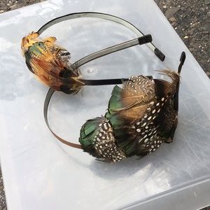 Two feathered headbands green & orange OS